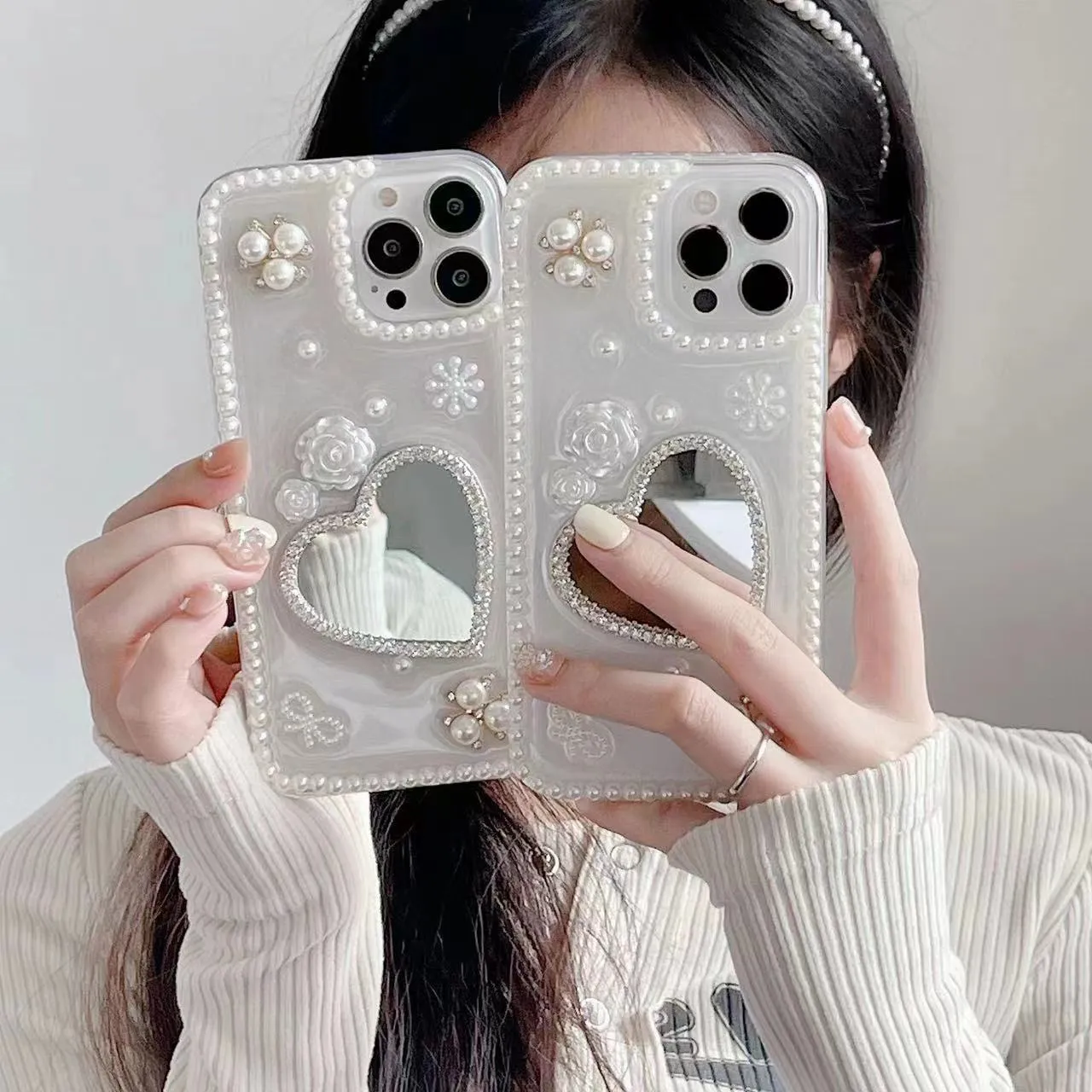 Handmade pearl heart mirror TPU phone case for Apple iPhone 12 13 14 15 with love heart pattern