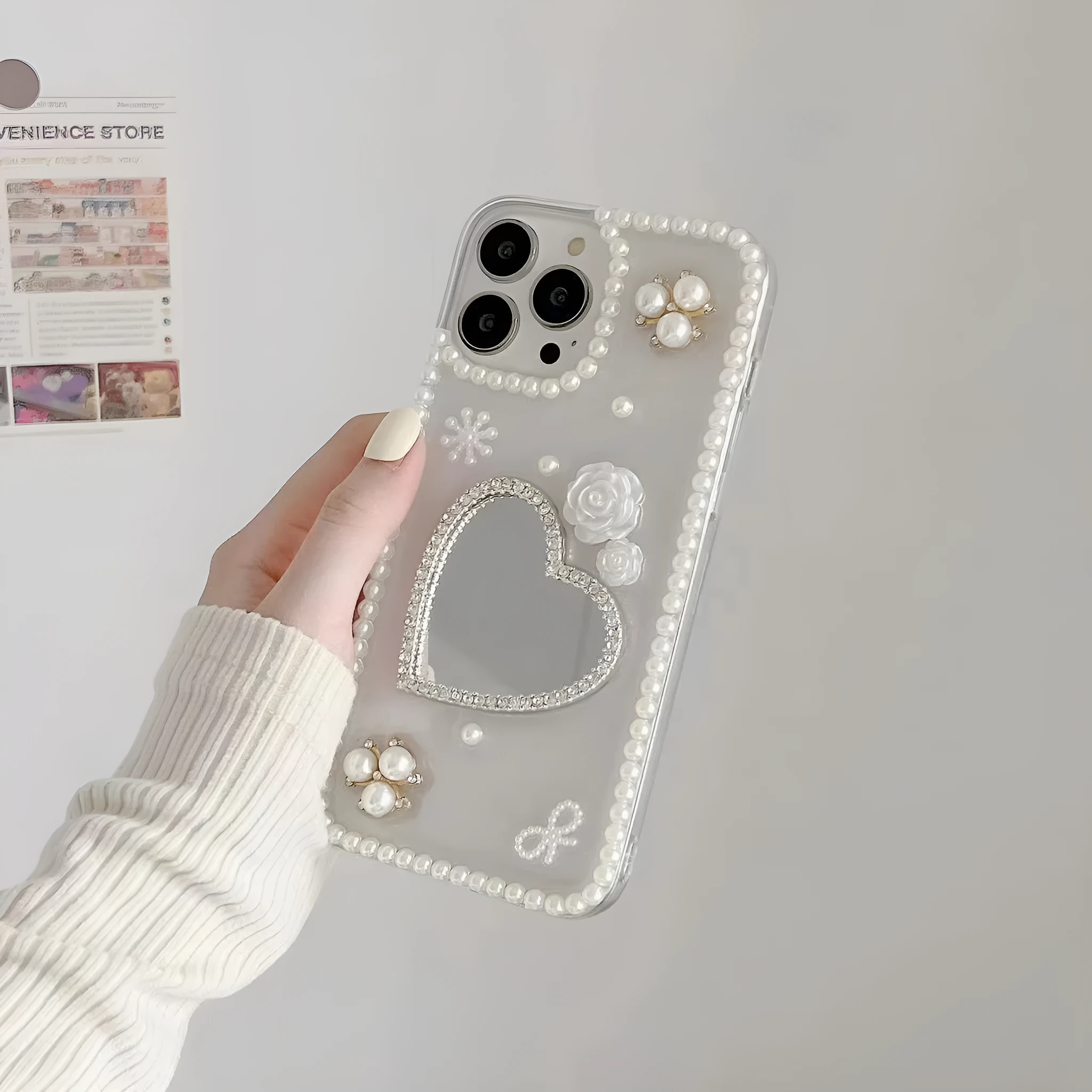 Handmade pearl heart mirror TPU phone case for Apple iPhone 12 13 14 15 with love heart pattern