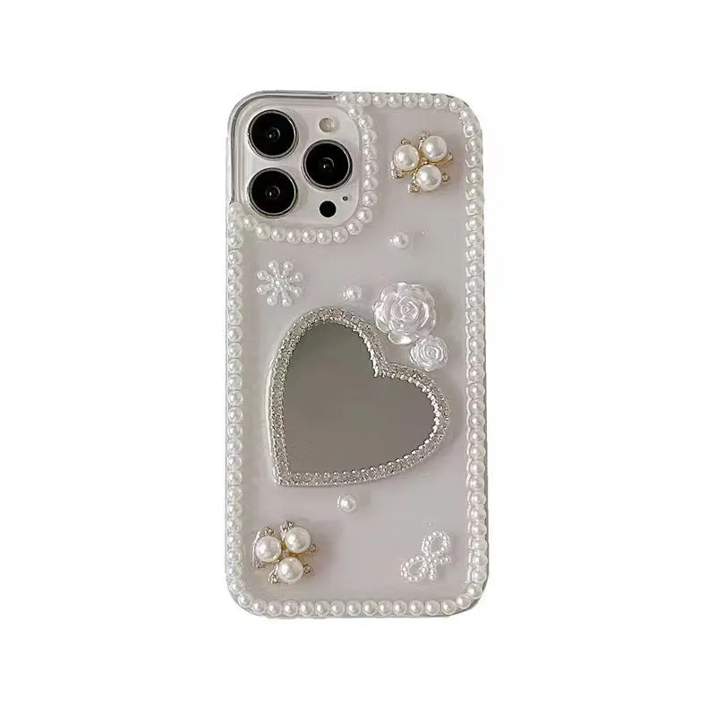 Handmade pearl heart mirror TPU phone case for Apple iPhone 12 13 14 15 with love heart pattern