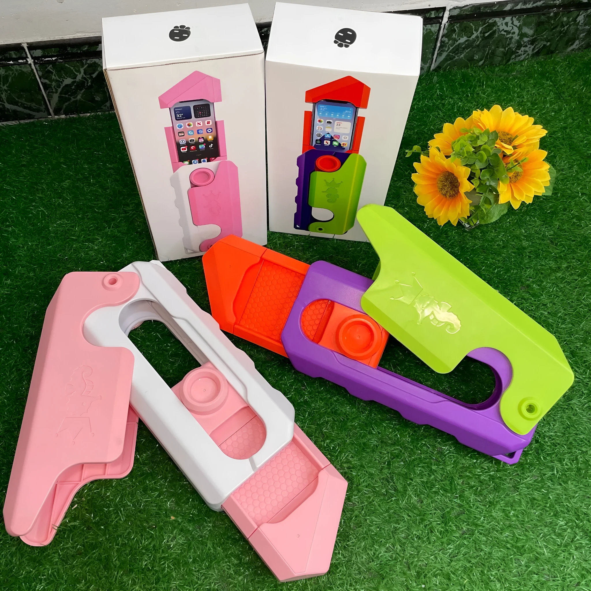 Pink White plastic phone case with built-in decompression toy featuring radish knife design