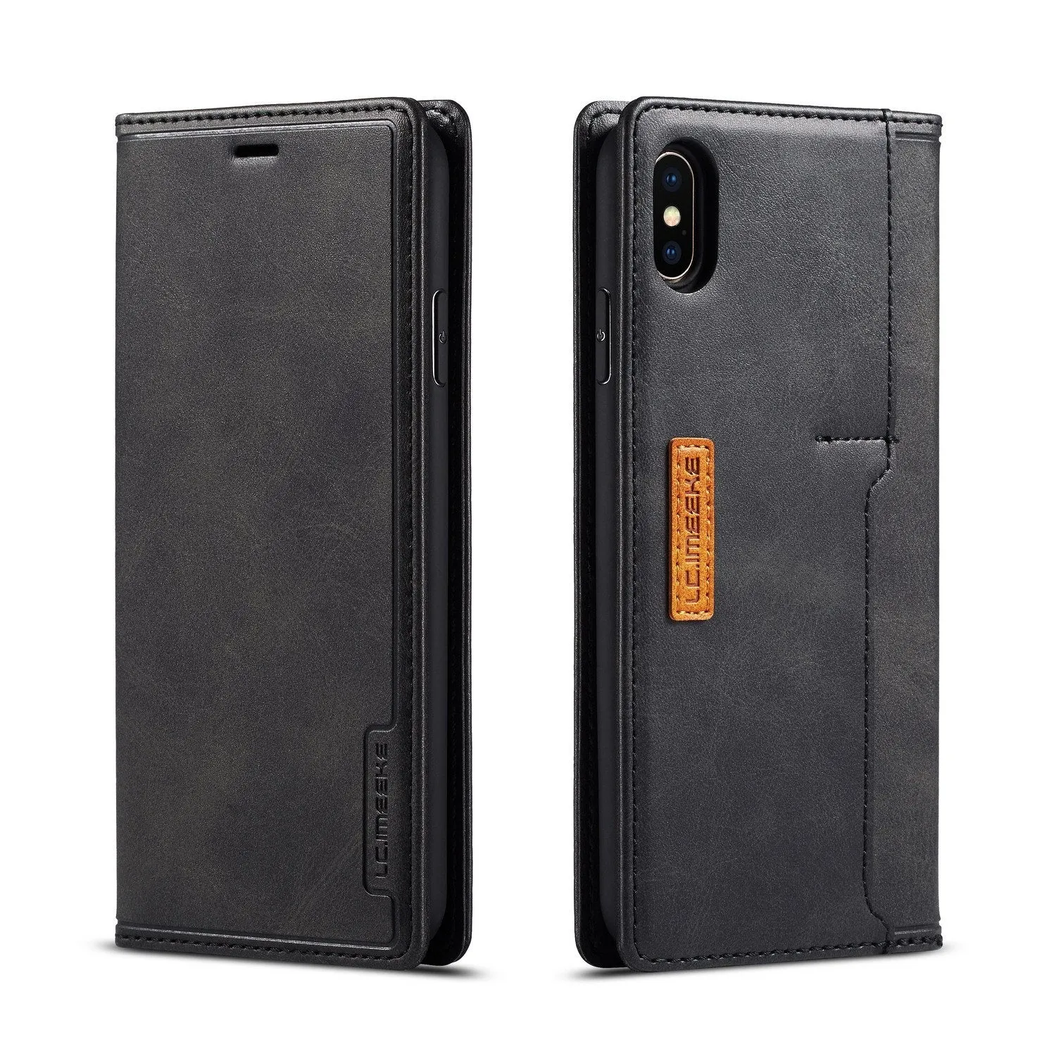 Retro-style black leather and PU flip wallet phone case open to show card slots, next to an iPhone.