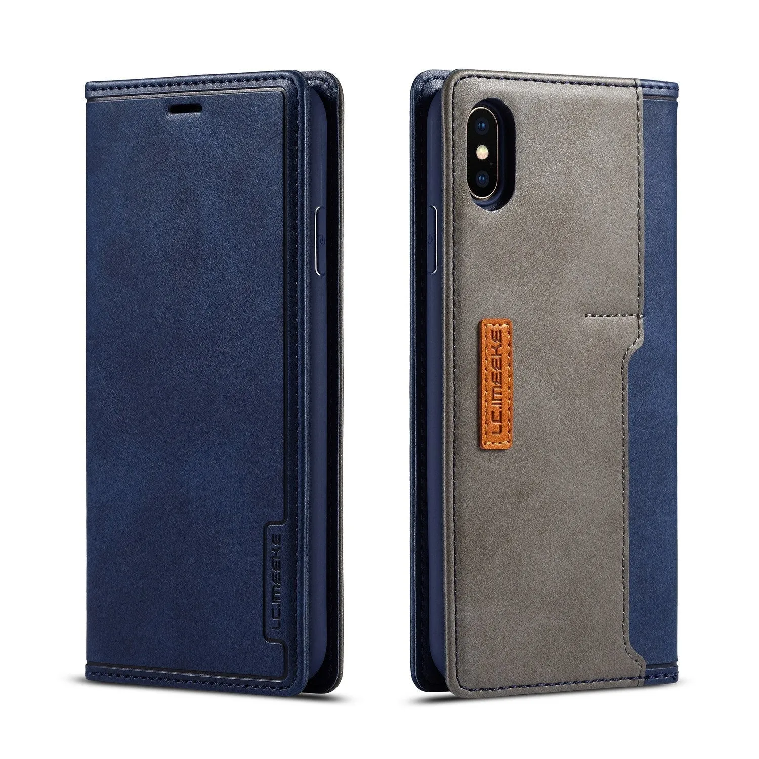 Retro-style black leather and PU flip wallet phone case open to show card slots, next to an iPhone.
