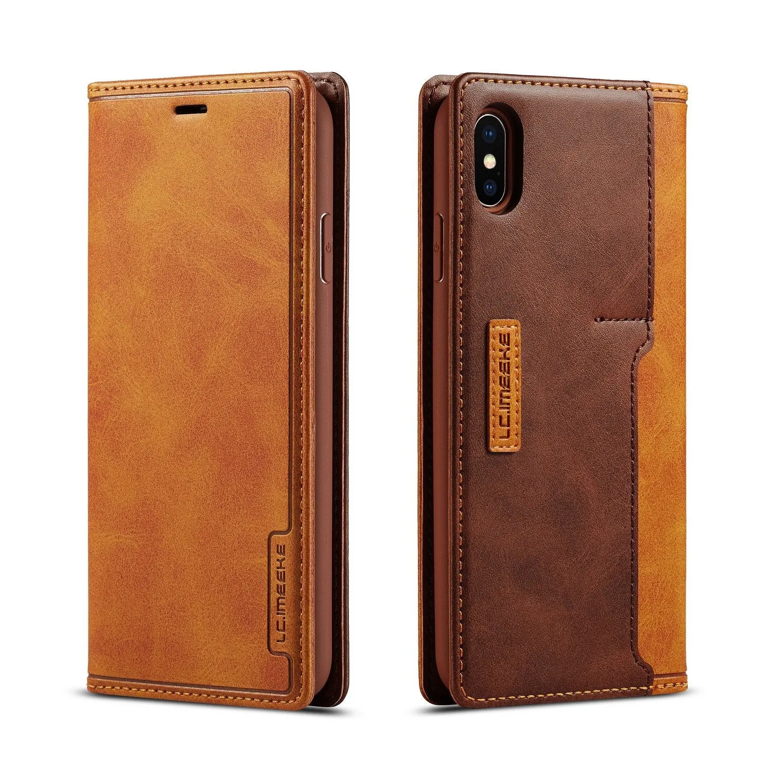 Retro-style black leather and PU flip wallet phone case open to show card slots, next to an iPhone.