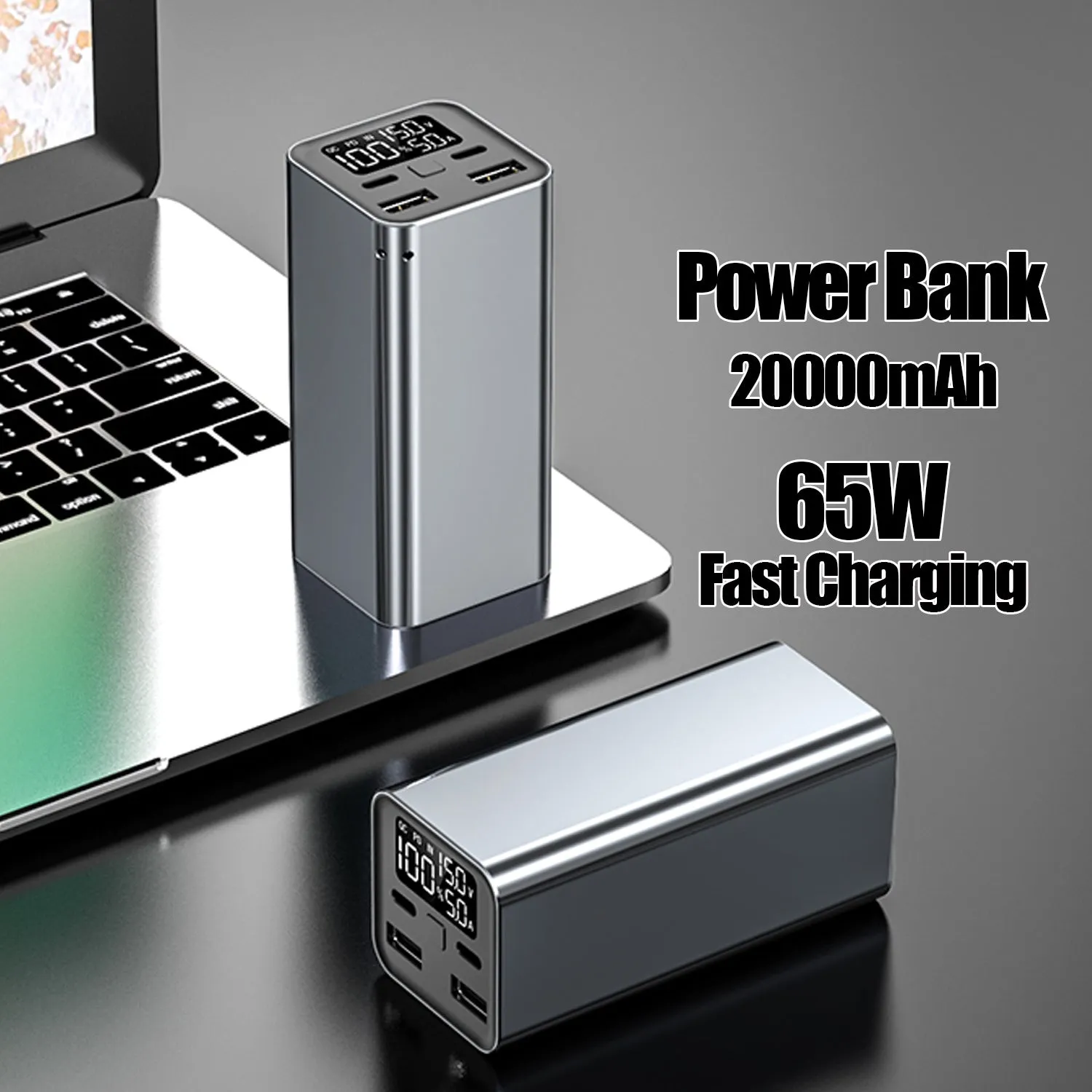 A black 65W high power laptop charging bank with a metal case, showing its dimensions.