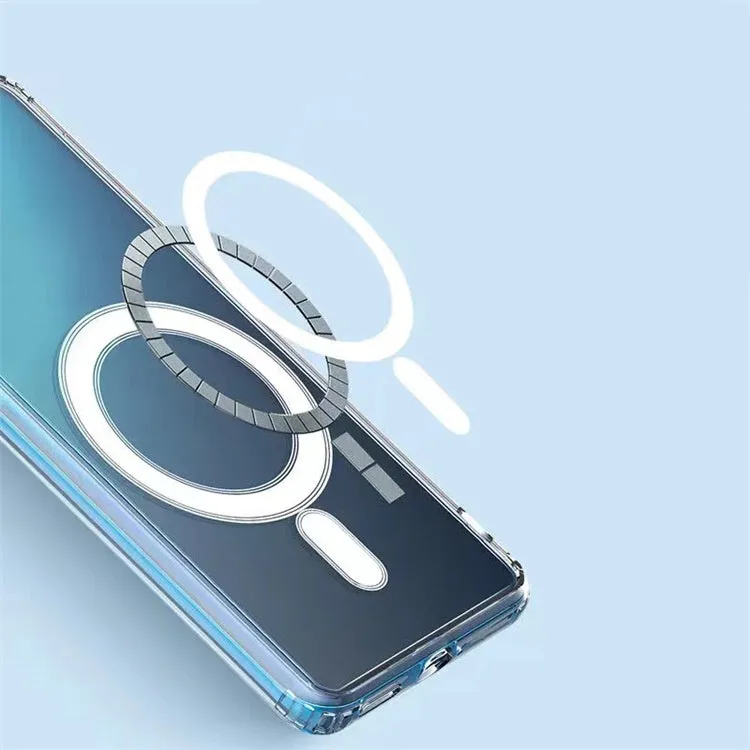 Transparent MagSafe magnetic phone case for Samsung Galaxy S21, S22, S23 models on a table