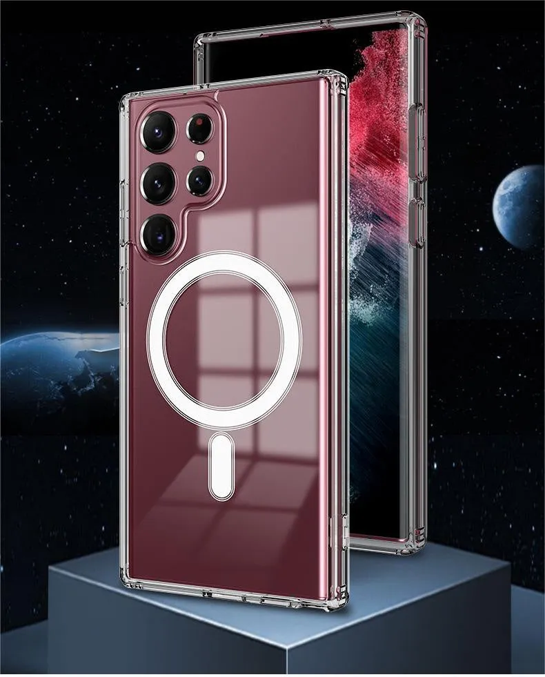 Transparent MagSafe magnetic phone case for Samsung Galaxy S21, S22, S23 models on a table