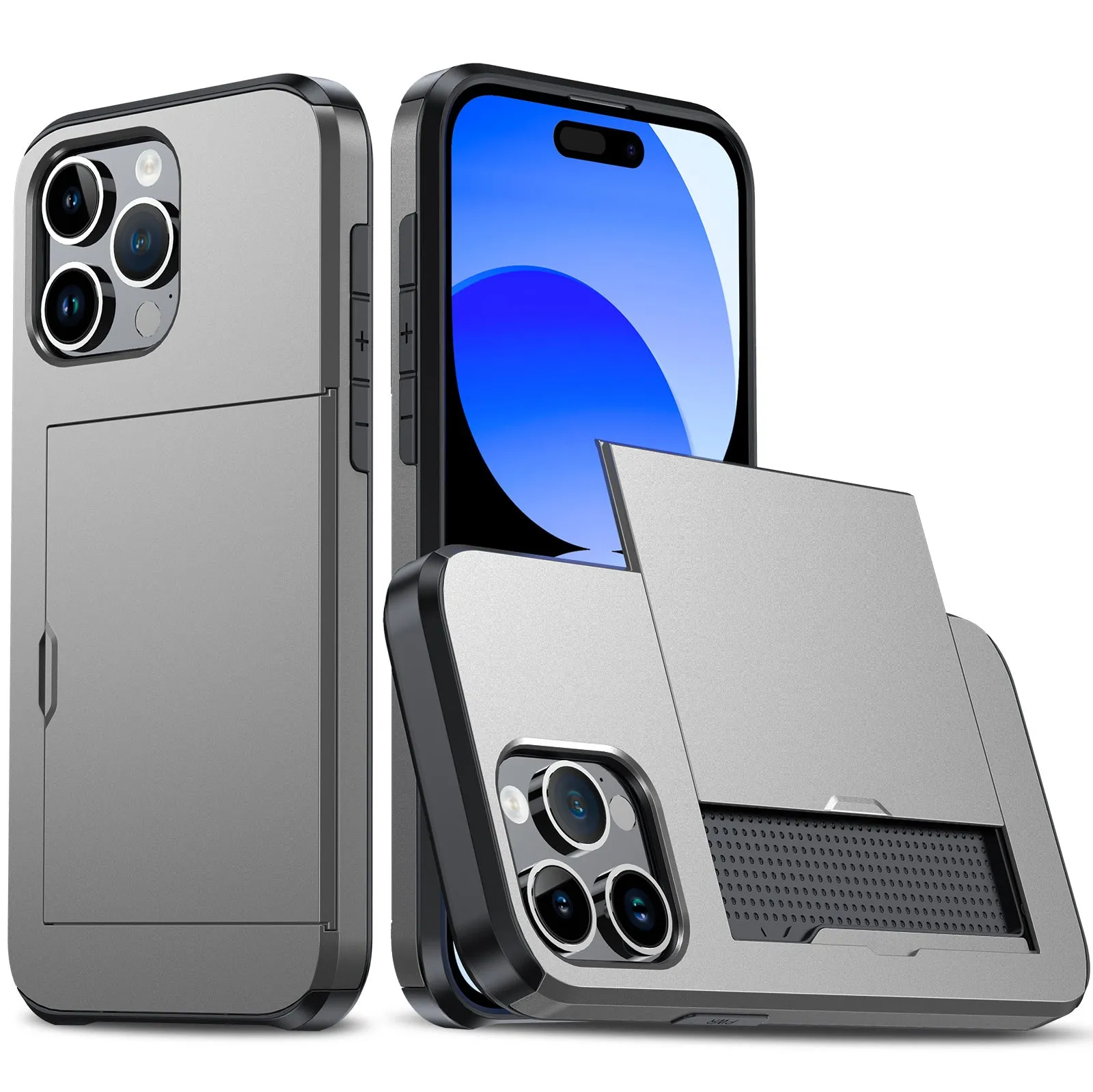 SGP card push slide TPU PC phone case for iPhone 15 Pro Max in navy blue with frosted finish and card slot