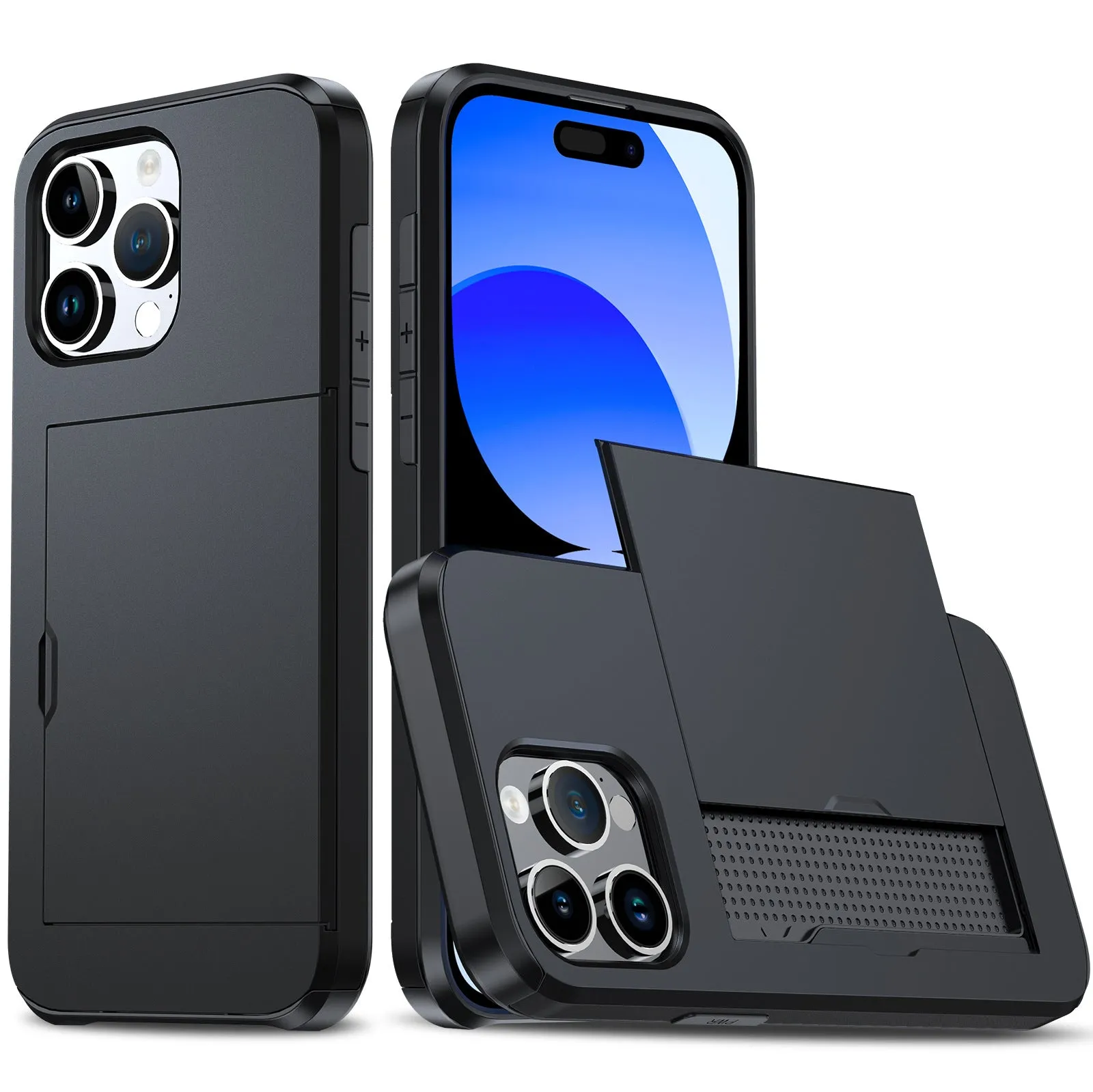 SGP card push slide TPU PC phone case for iPhone 15 Pro Max in navy blue with frosted finish and card slot