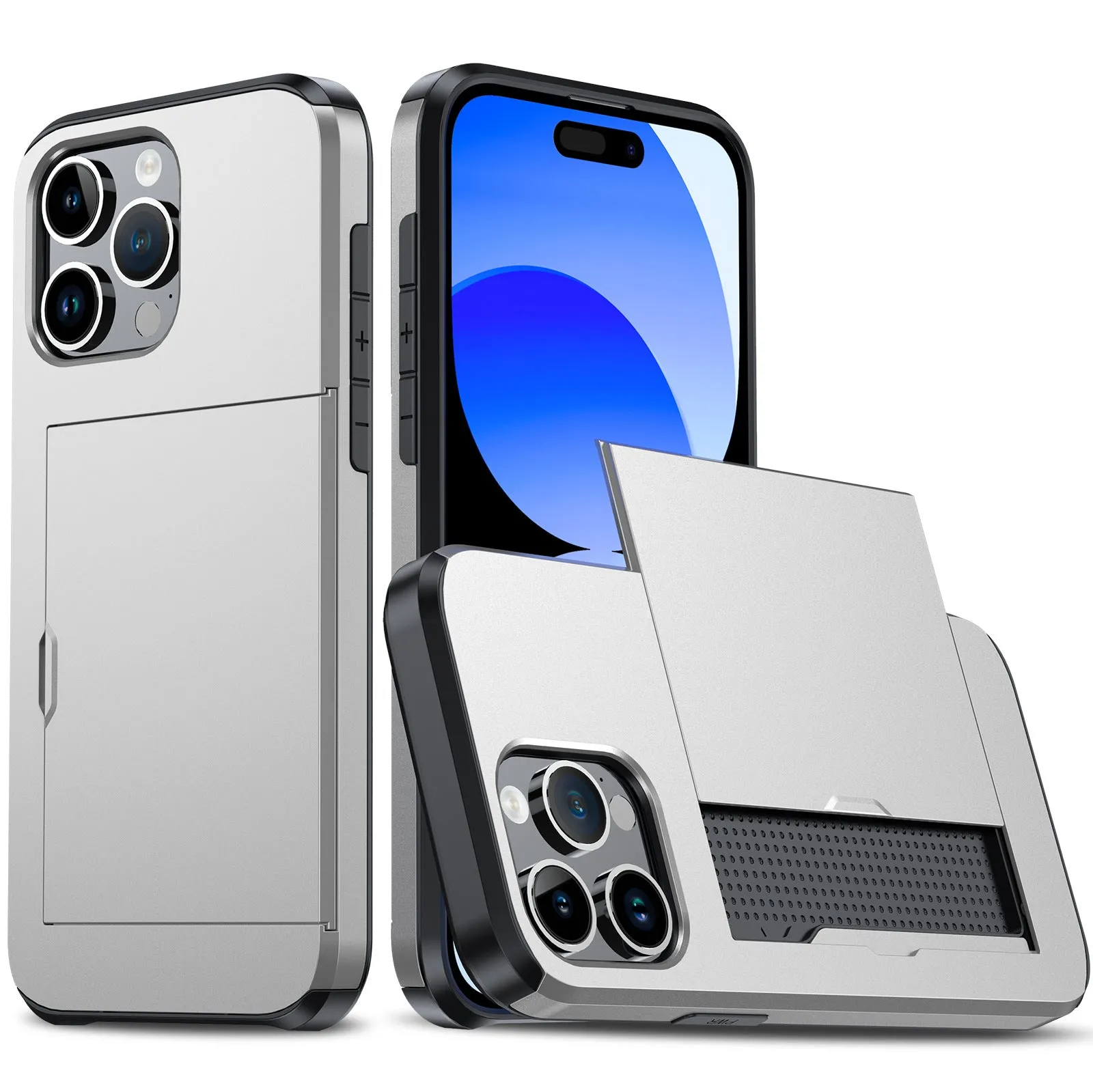 SGP card push slide TPU PC phone case for iPhone 15 Pro Max in navy blue with frosted finish and card slot