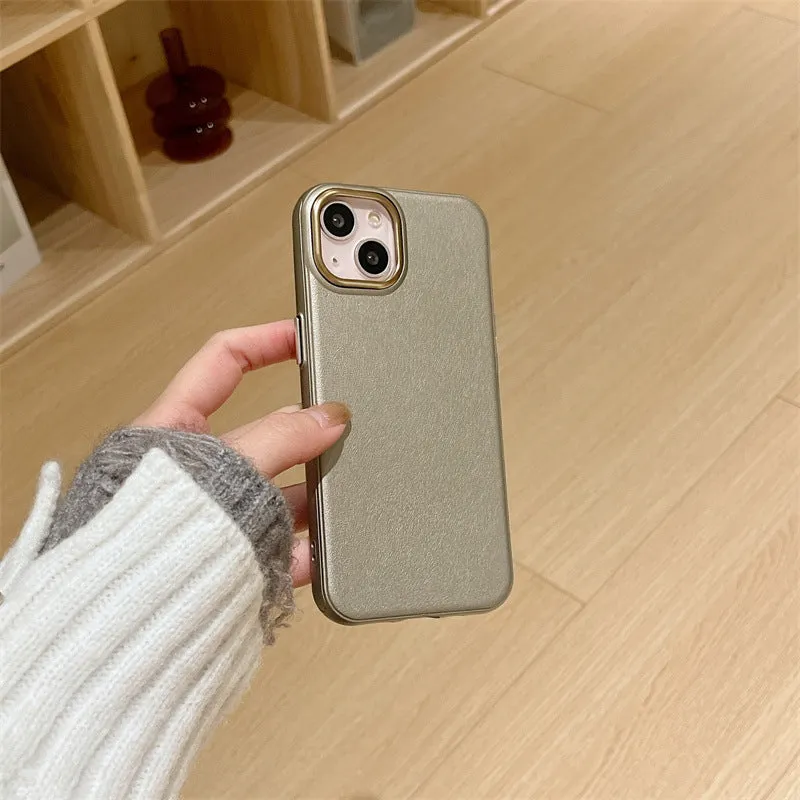 Imitation leather phone case for iPhone 15 Pro Max in solid black colour with embossed texture and protective edge