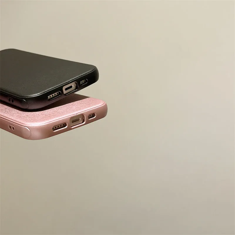 Imitation leather phone case for iPhone 15 Pro Max in solid black colour with embossed texture and protective edge