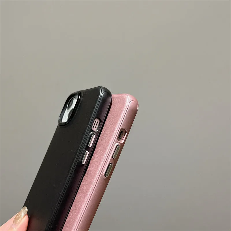 Imitation leather phone case for iPhone 15 Pro Max in solid black colour with embossed texture and protective edge