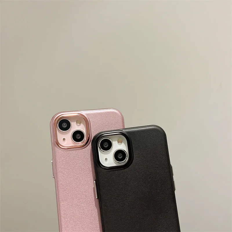 Imitation leather phone case for iPhone 15 Pro Max in solid black colour with embossed texture and protective edge