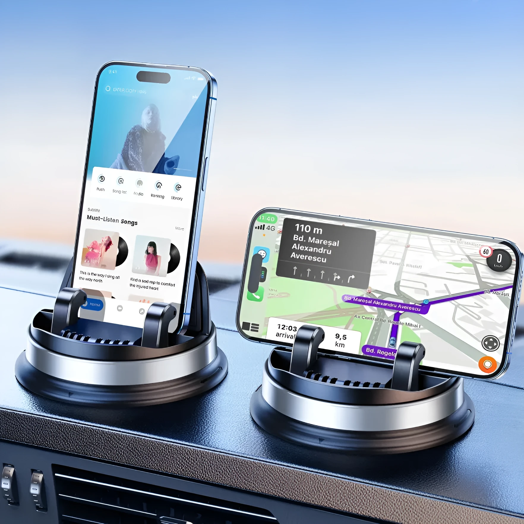 YQ09 rotating support suction cup phone holder on dashboard in black color with 360 degree rotation feature