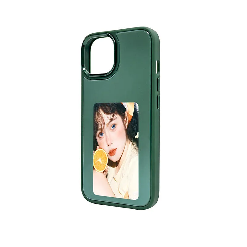 NFC projection screen phone case with four-colour E-ink display and integrated bracket for iPhone.