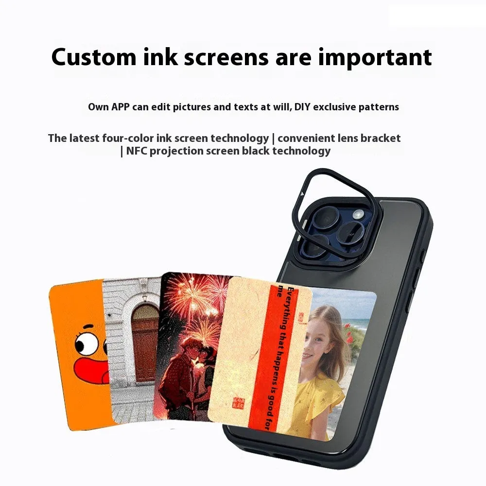 NFC projection screen phone case with four-colour E-ink display and integrated bracket for iPhone.