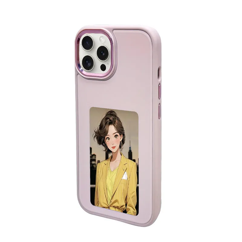 NFC projection screen phone case with four-colour E-ink display and integrated bracket for iPhone.