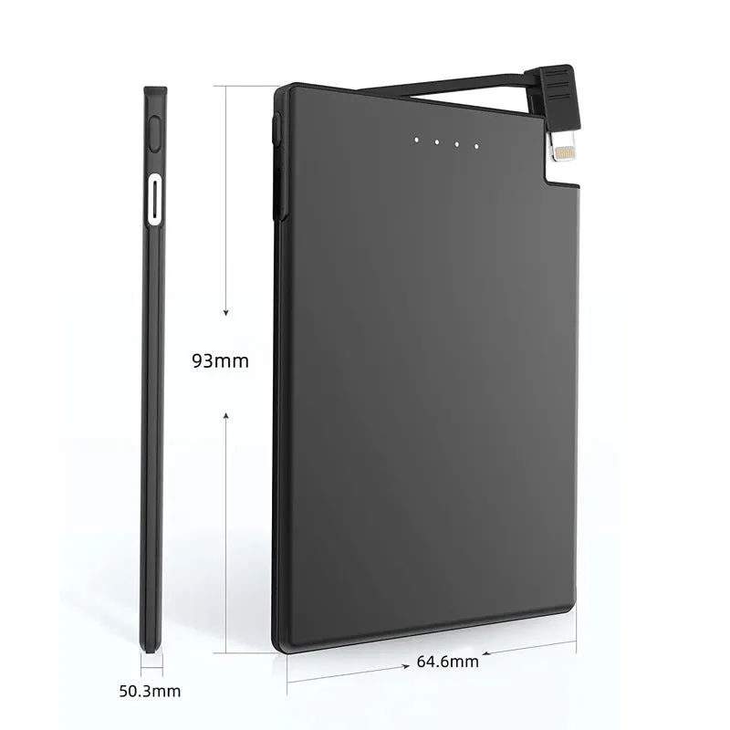 Ultra-thin black portable power bank with built-in cable, 2600mAh to 5000mAh, stainless steel PC TPE shell