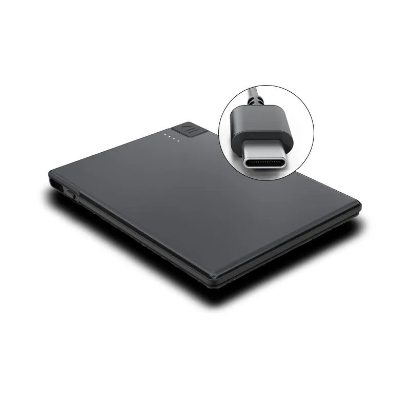 Ultra-thin black portable power bank with built-in cable, 2600mAh to 5000mAh, stainless steel PC TPE shell