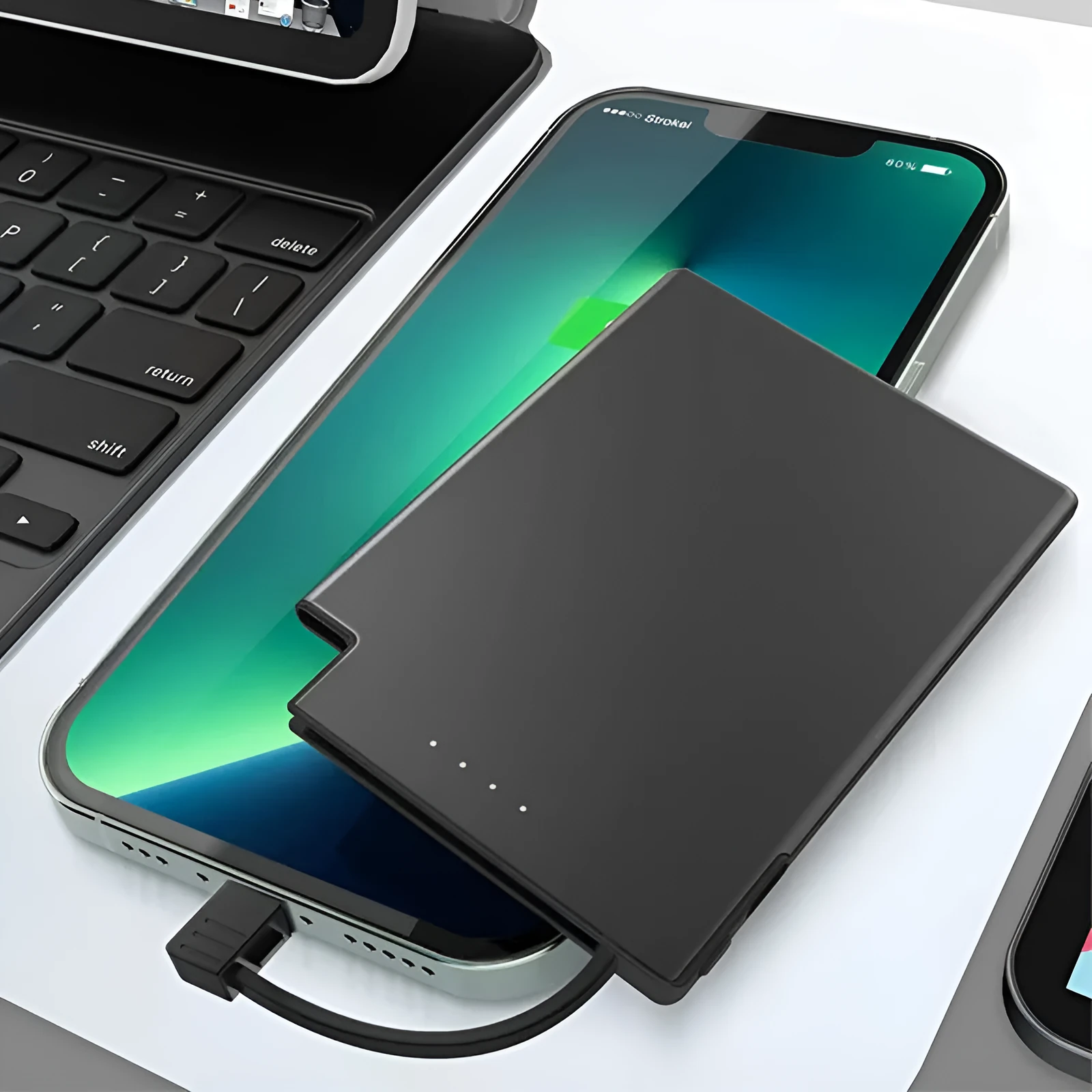 Ultra-thin black portable power bank with built-in cable, 2600mAh to 5000mAh, stainless steel PC TPE shell