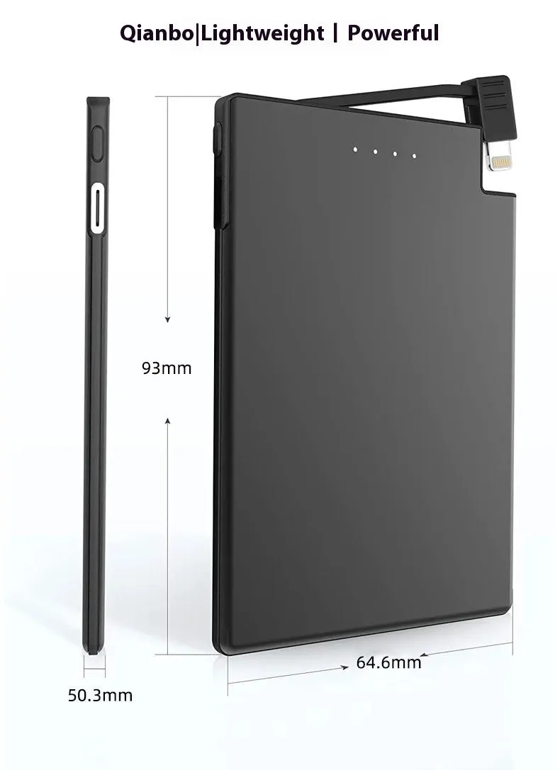 Ultra-thin black portable power bank with built-in cable, 2600mAh to 5000mAh, stainless steel PC TPE shell