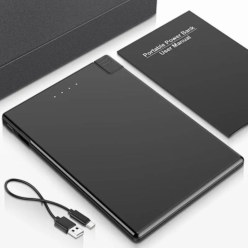 Ultra-thin black portable power bank with built-in cable, 2600mAh to 5000mAh, stainless steel PC TPE shell