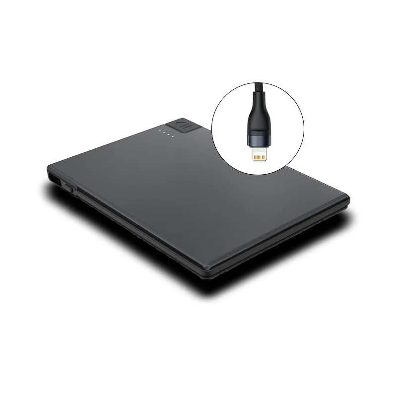 Ultra-thin black portable power bank with built-in cable, 2600mAh to 5000mAh, stainless steel PC TPE shell