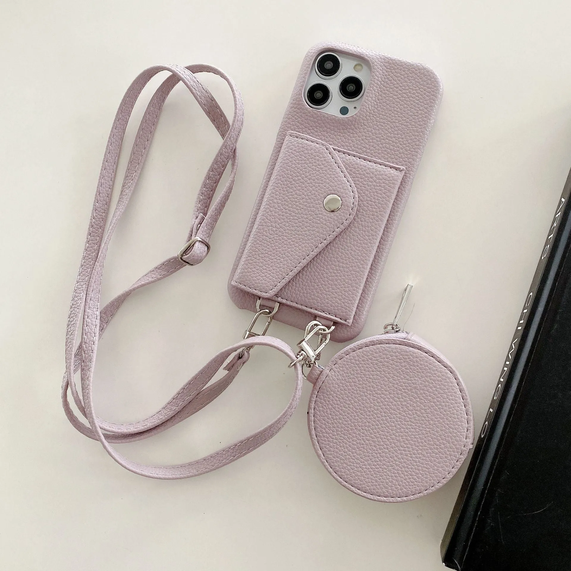 Green PC leather card holder coin purse crossbody phone case for iPhone showing card slots and coin compartment