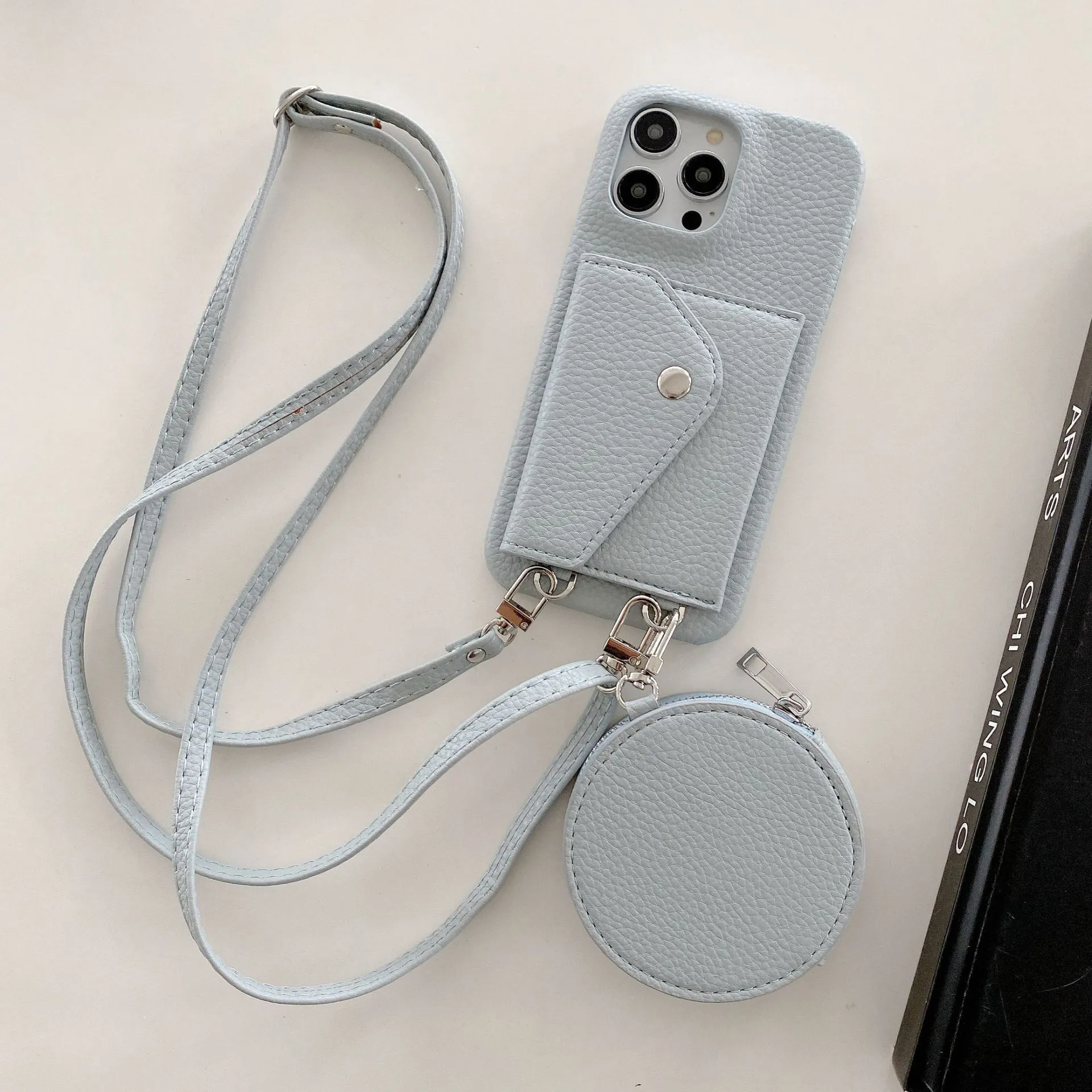 Green PC leather card holder coin purse crossbody phone case for iPhone showing card slots and coin compartment