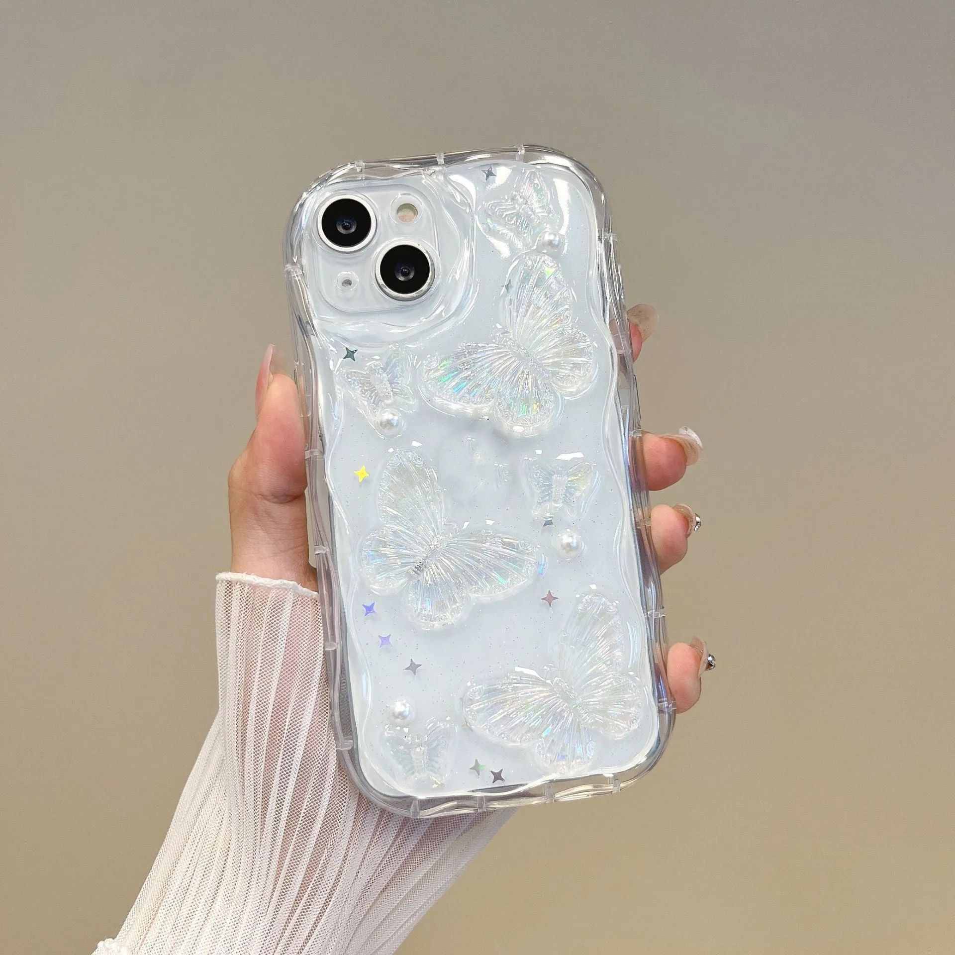 Three-dimensional butterfly phone case in transparent silicone with raised epoxy decoration for iPhone