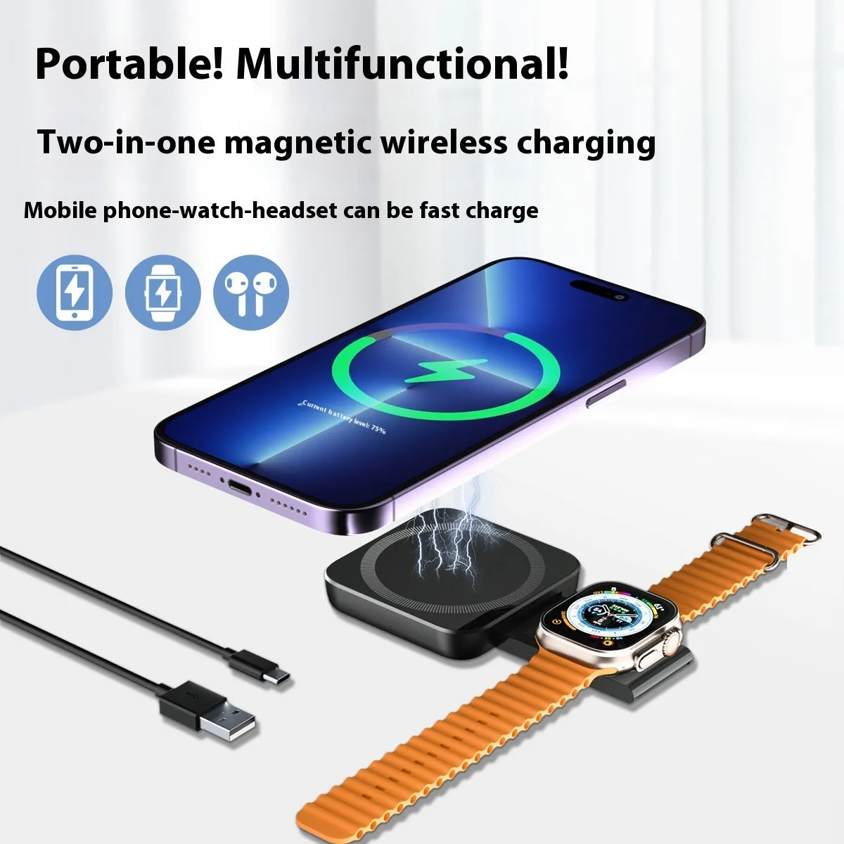Three-in-one wireless charger with black plastic ABS PC body for watch earphone and mobile phone