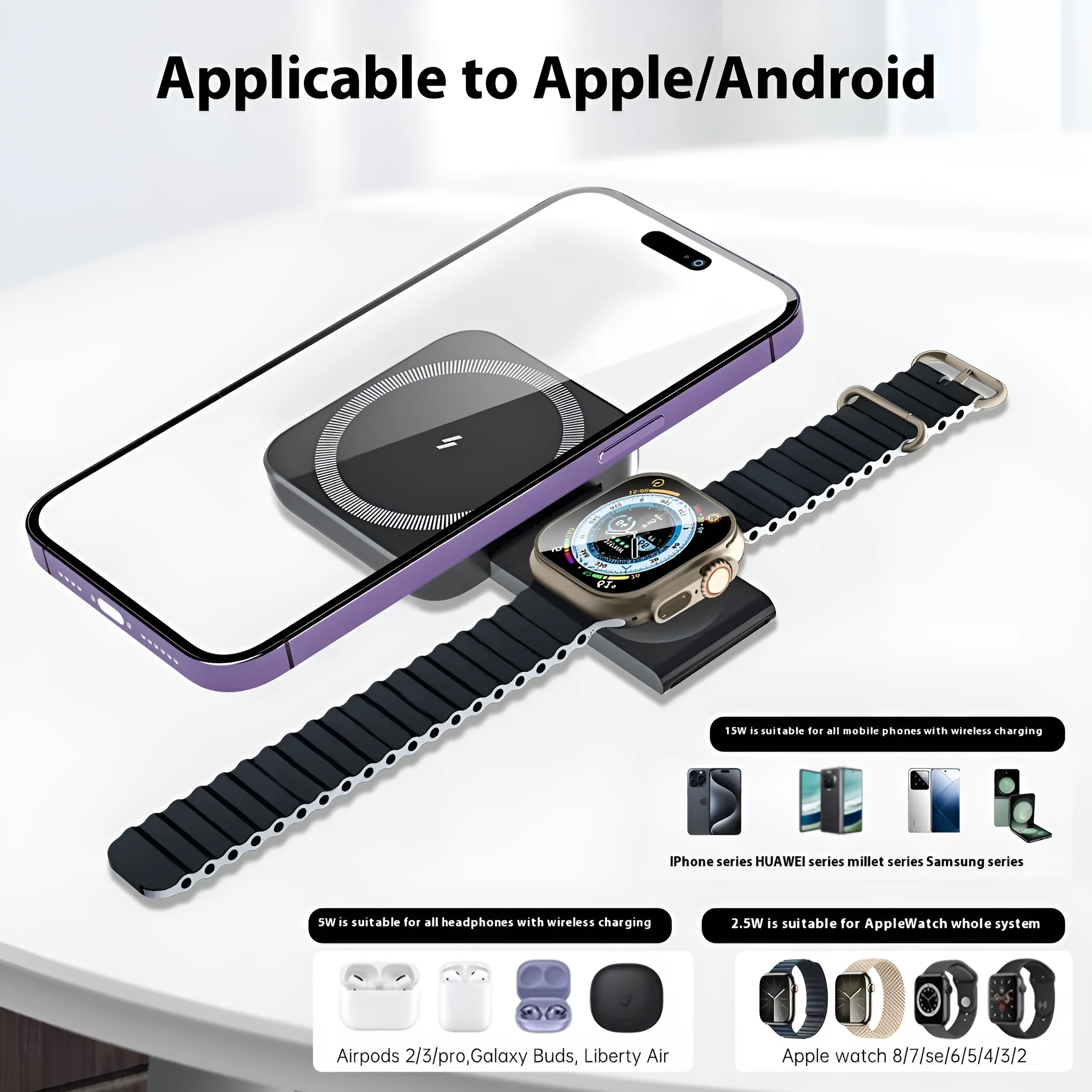 Three-in-one wireless charger with black plastic ABS PC body for watch earphone and mobile phone