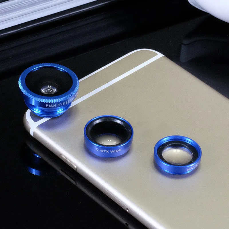 Mobile phone camera lens kit with fisheye, wide-angle and macro lenses for smartphone photography