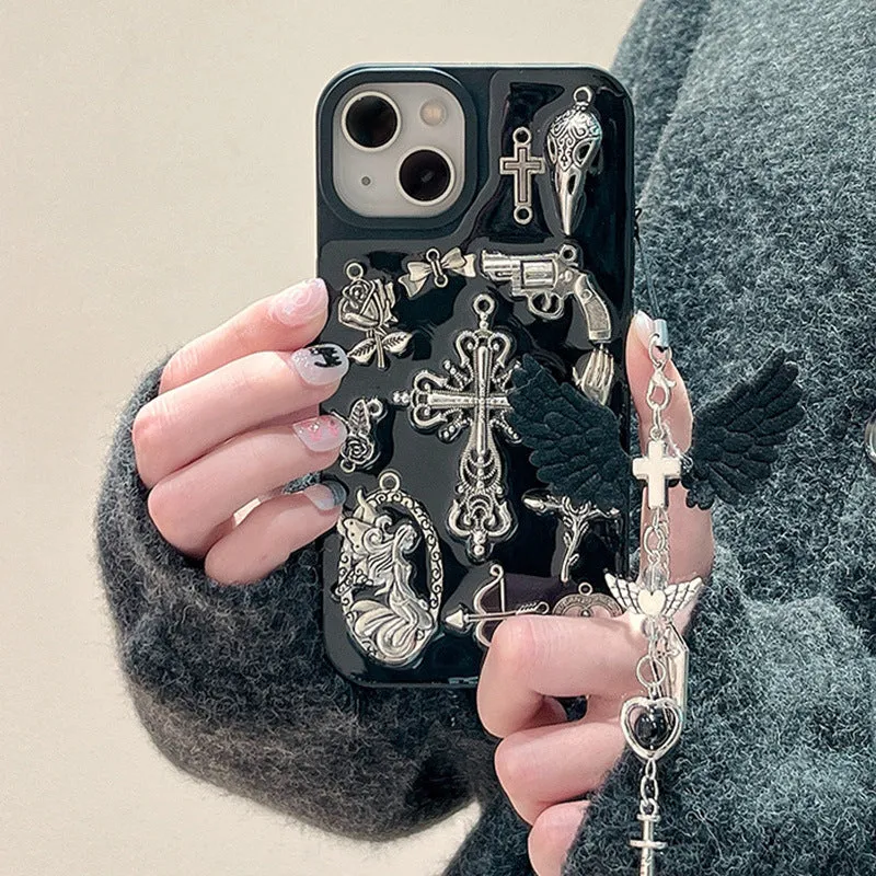 Ins retro dark wind epoxy cross phone case for iPhone showing three-dimensional cross pendant on all-inclusive protective shell