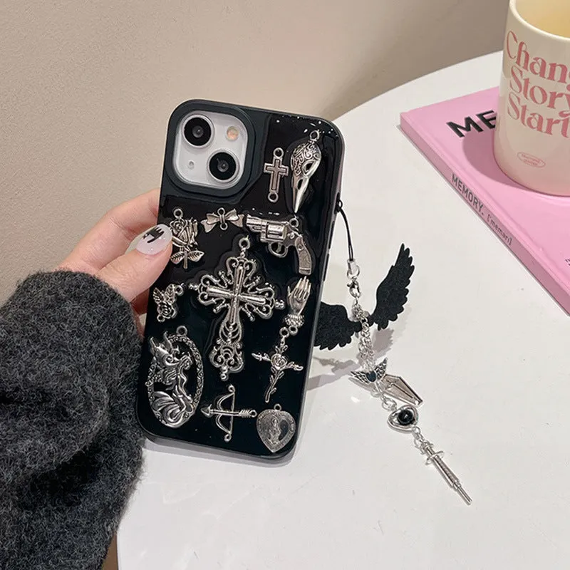 Ins retro dark wind epoxy cross phone case for iPhone showing three-dimensional cross pendant on all-inclusive protective shell