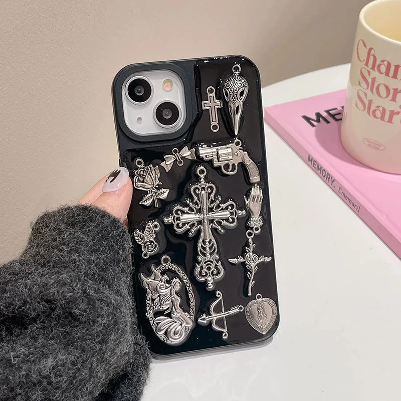 Ins retro dark wind epoxy cross phone case for iPhone showing three-dimensional cross pendant on all-inclusive protective shell