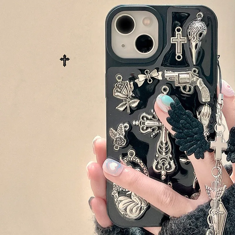Ins retro dark wind epoxy cross phone case for iPhone showing three-dimensional cross pendant on all-inclusive protective shell