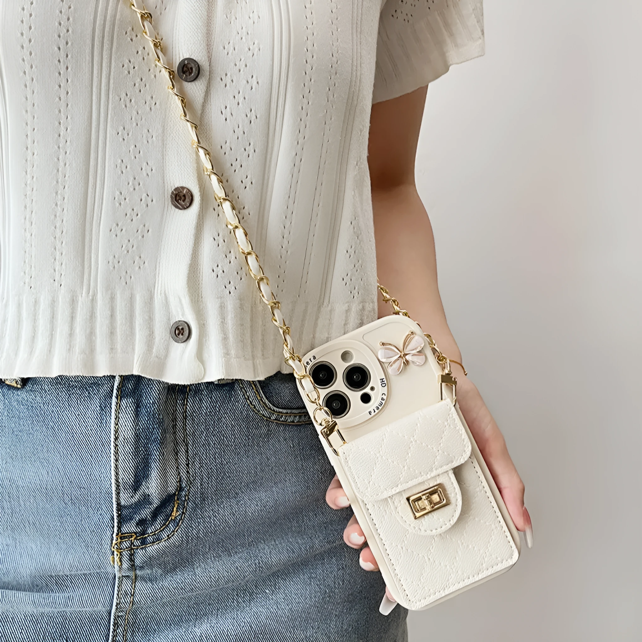 Butterfly card bag silicone phone case in black for iPhone showing card slot and drop-resistant design
