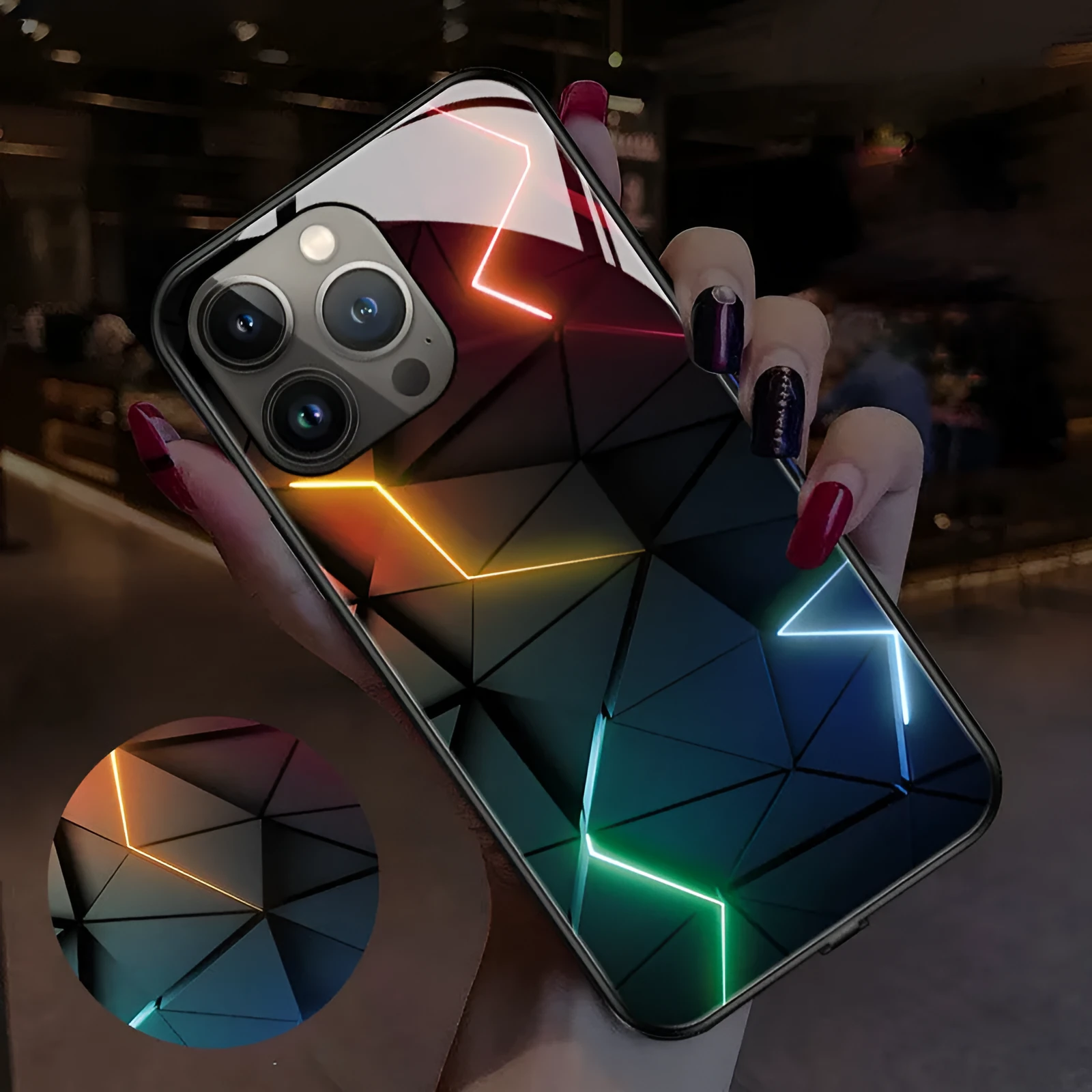 Smart luminous protective case for iPhone with Technology Bear graphic design, made from TPU and tempered glass.