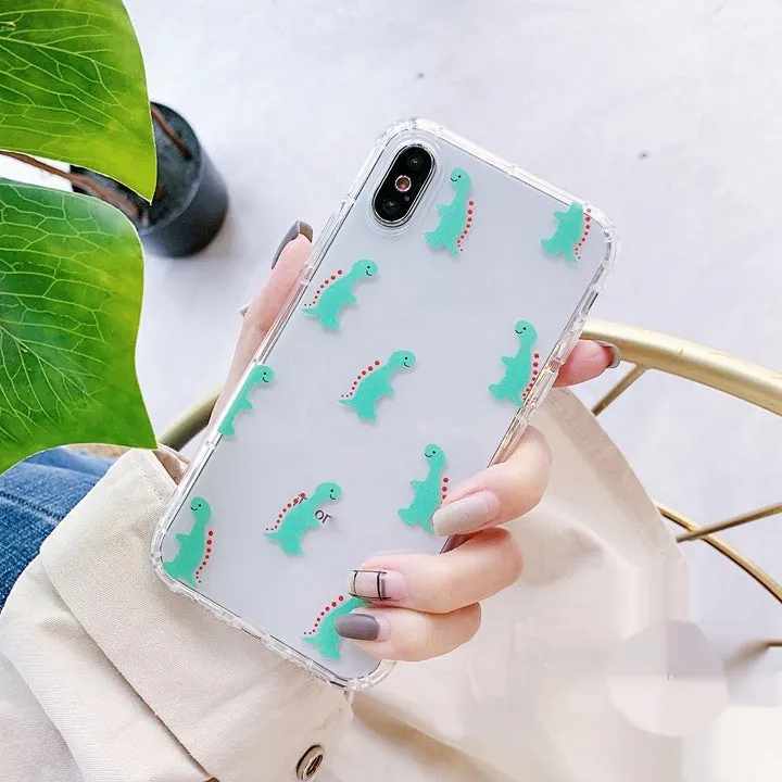 Cute cartoon little dinosaur silicone TPU phone case, drop-resistant back cover for iPhone, green colour with air cushion shell