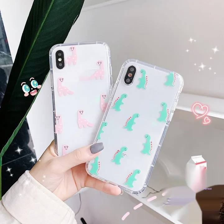 Cute cartoon little dinosaur silicone TPU phone case, drop-resistant back cover for iPhone, green colour with air cushion shell