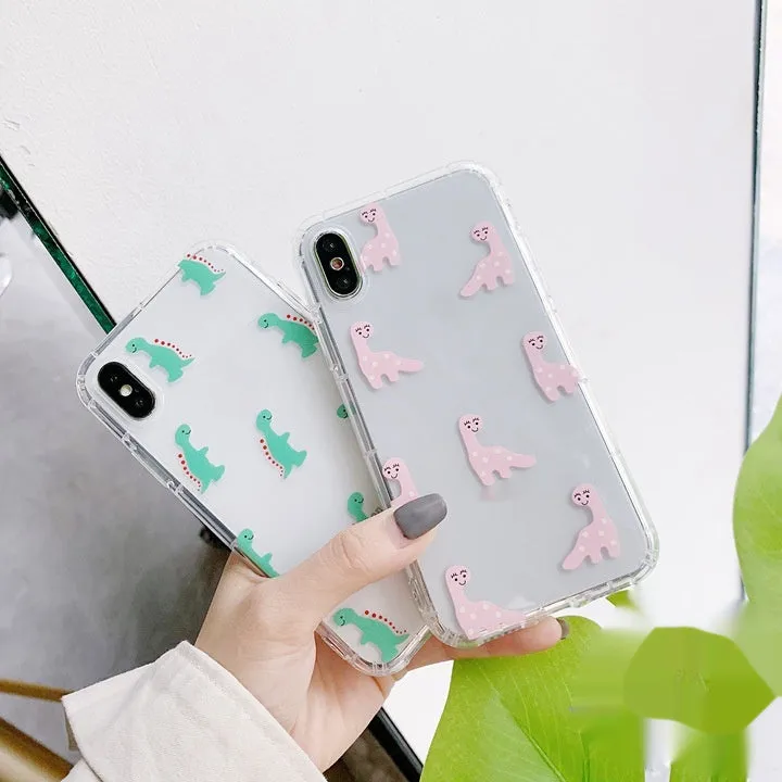 Cute cartoon little dinosaur silicone TPU phone case, drop-resistant back cover for iPhone, green colour with air cushion shell