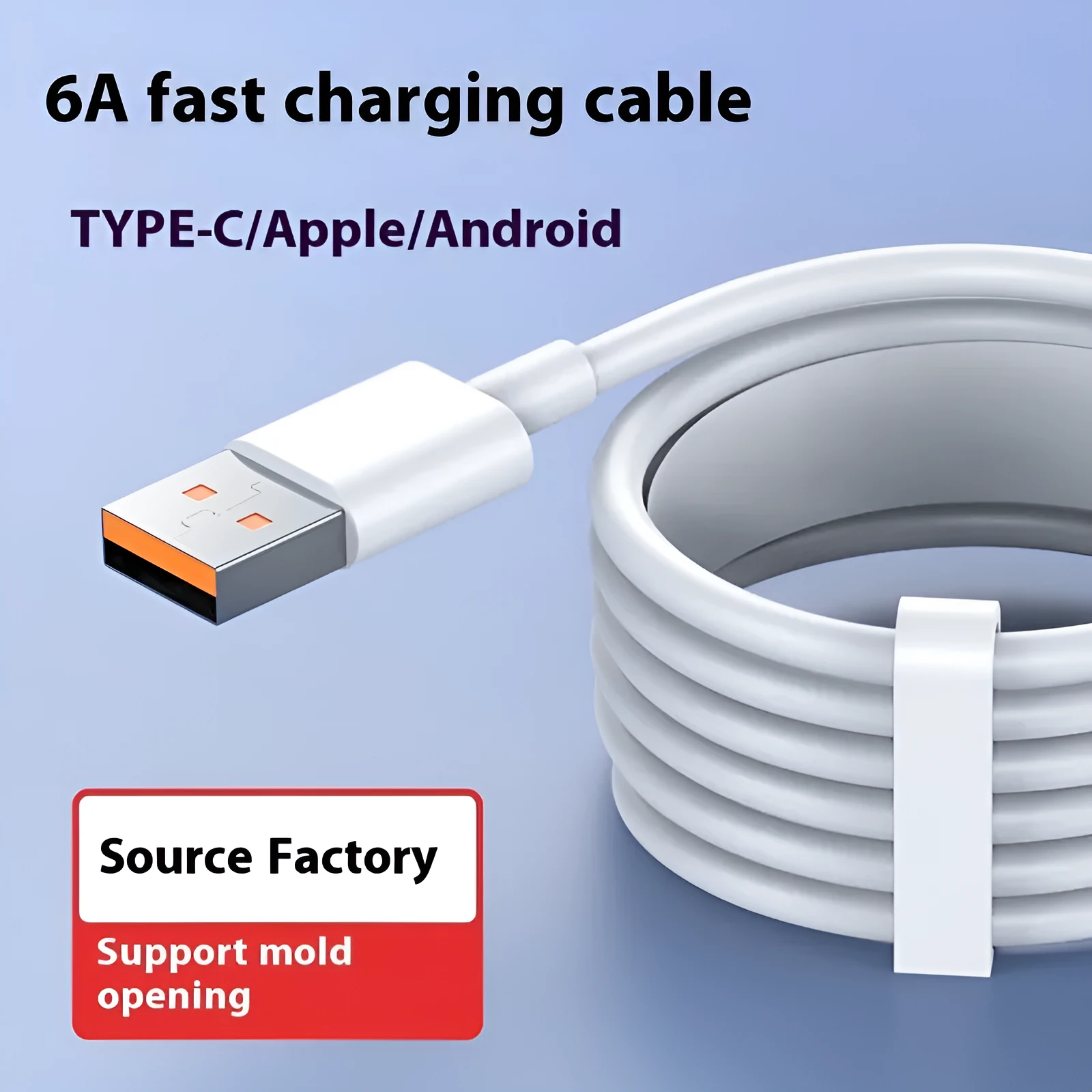 White PVC 6A super fast charge data cable for TYPE-C Micro USB Lightning connectors
