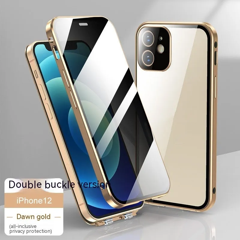 Glass iPhone case with double-sided buckle in multiple colour options on a table.