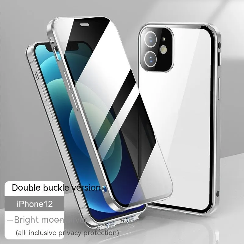 Glass iPhone case with double-sided buckle in multiple colour options on a table.