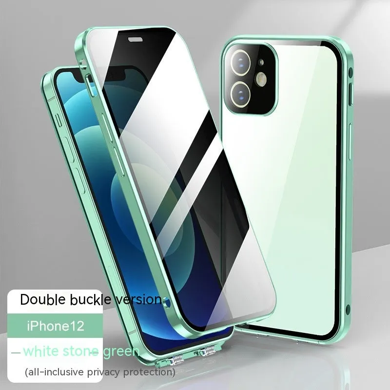 Glass iPhone case with double-sided buckle in multiple colour options on a table.