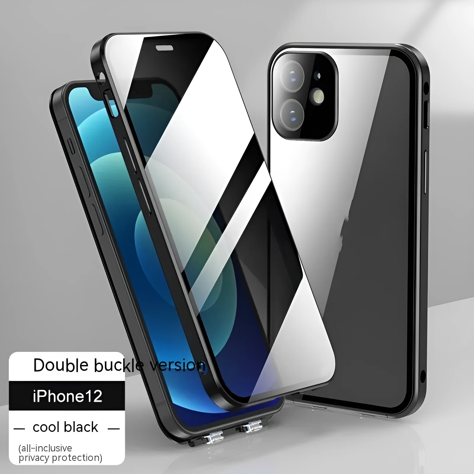 Glass iPhone case with double-sided buckle in multiple colour options on a table.