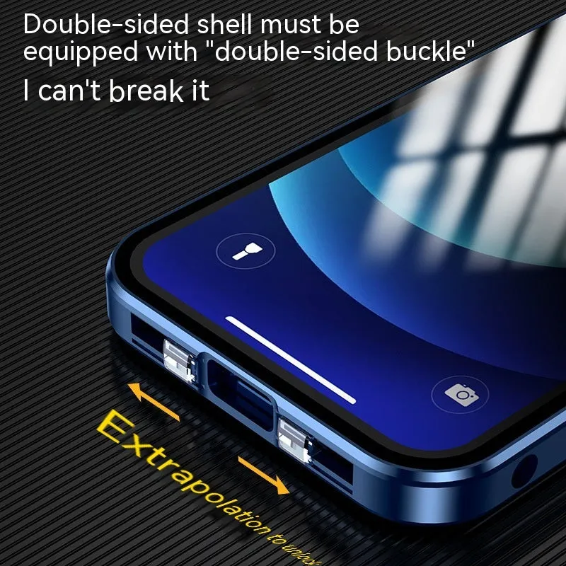 Glass iPhone case with double-sided buckle in multiple colour options on a table.