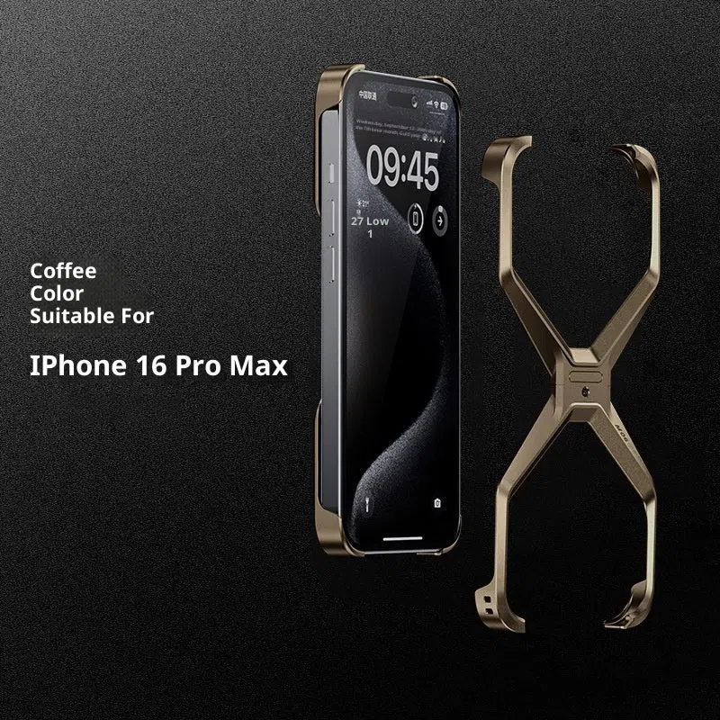 Aluminium alloy hollow frameless phone case in titanium colour for iPhone 16 Pro