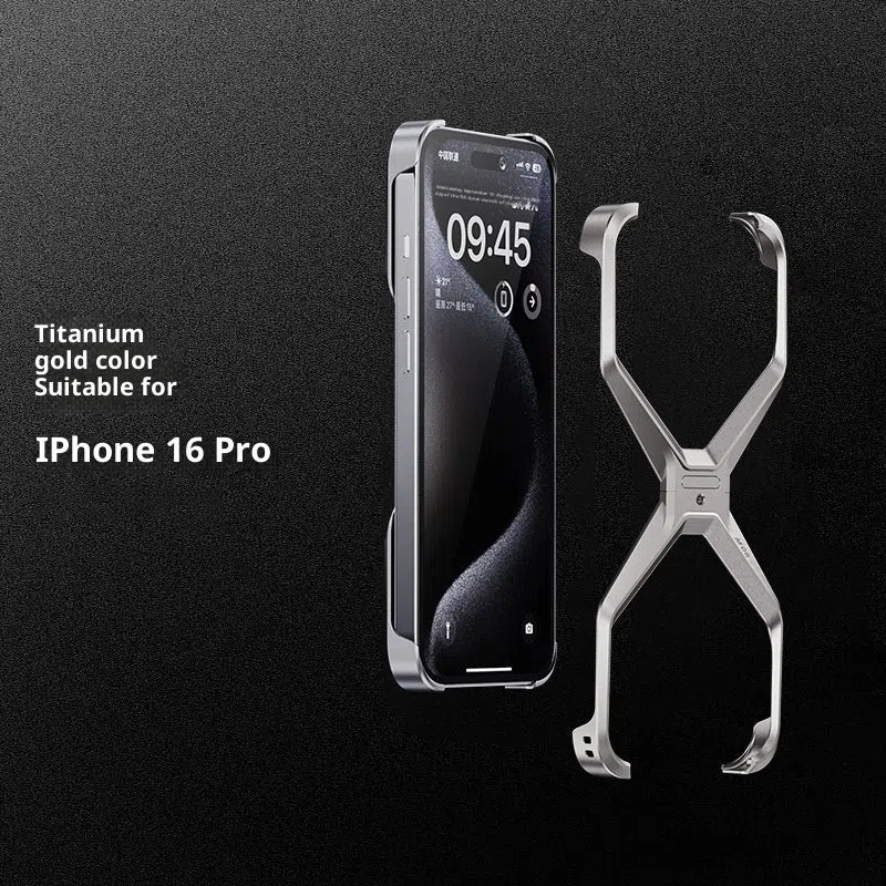 Aluminium alloy hollow frameless phone case in titanium colour for iPhone 16 Pro